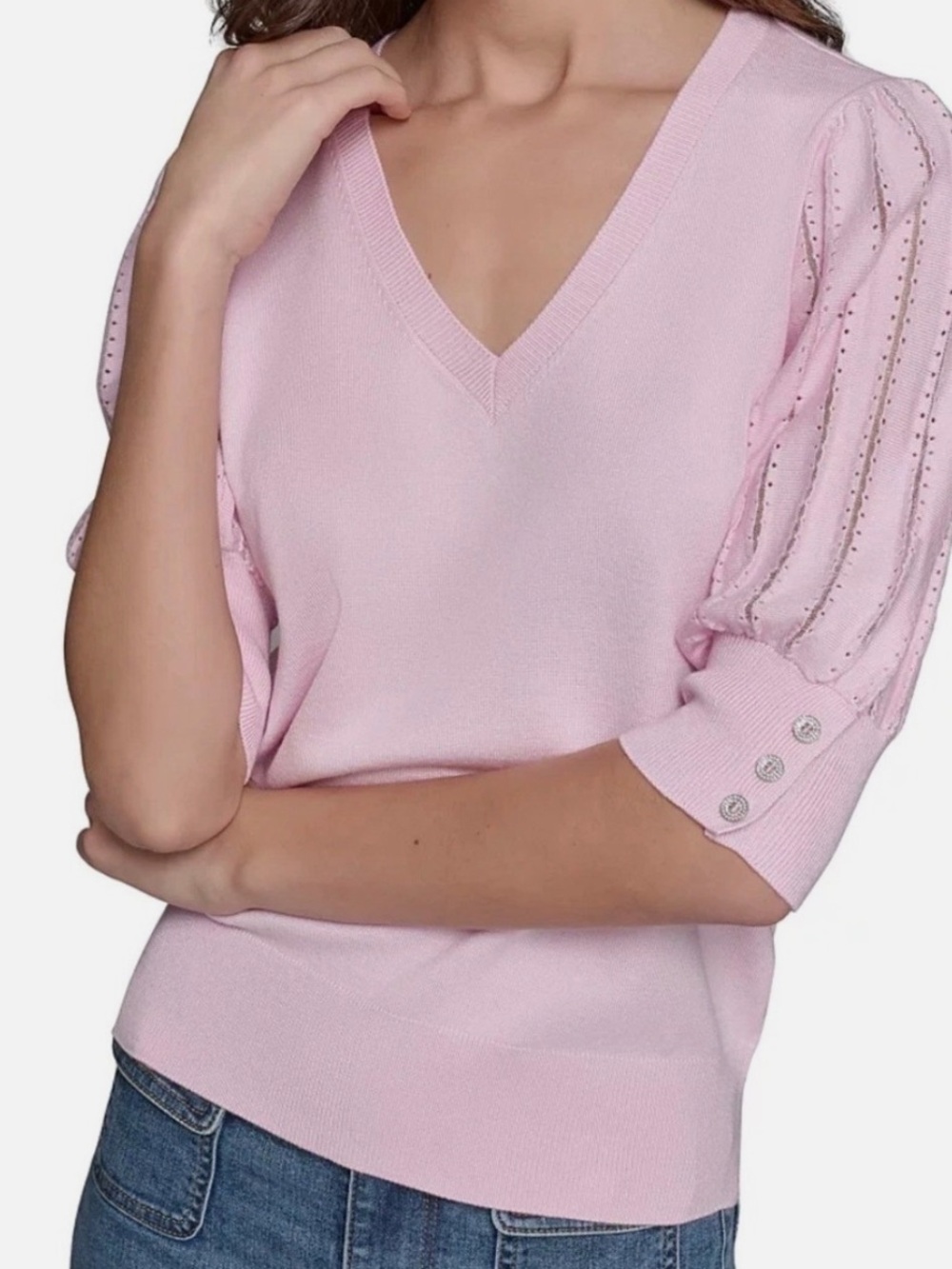 Karl Lagerfeld Paris Pink V-Neck Puff Sleeve Sweater Rhinestone Button Small